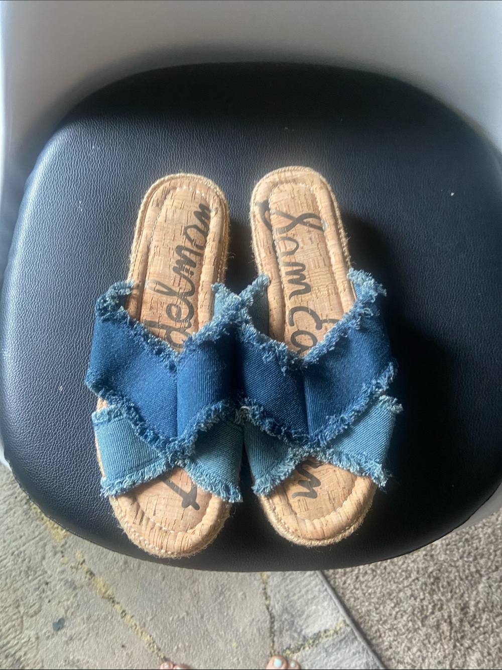 Sam Edelman Girls' Two-Tone Frayed Denim Slide Sandals - Blue